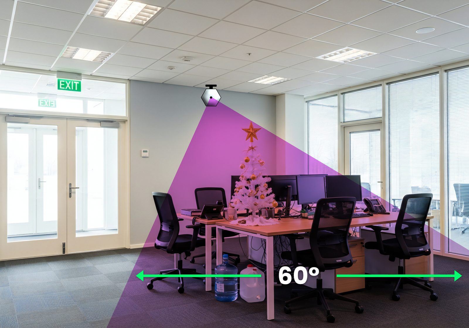 Hex sensor covering a small open-plan office with several desks.